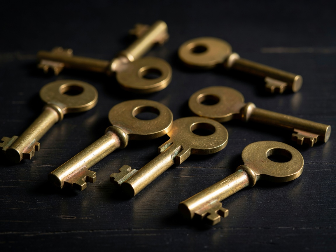 Macro detail of brass keys reflecting investment access